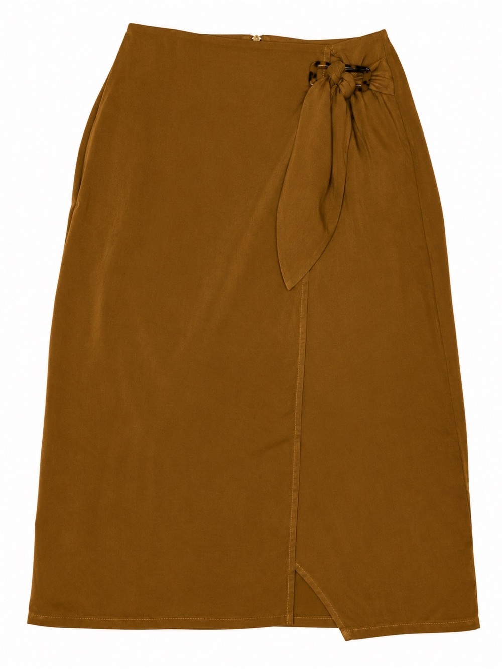 J.O.A. Brown Front Wrap Midi Skirt Tortoise Ring Tie Size Large